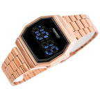 Női digitális LED karóra rozéarany fém szíjjal, 32×38 mm, 3 ATM