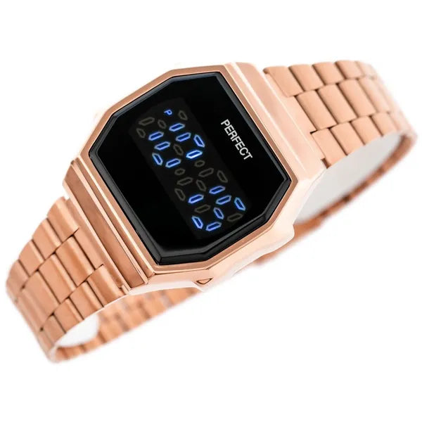 Női digitális LED karóra rozéarany fém szíjjal, 32×38 mm, 3 ATM