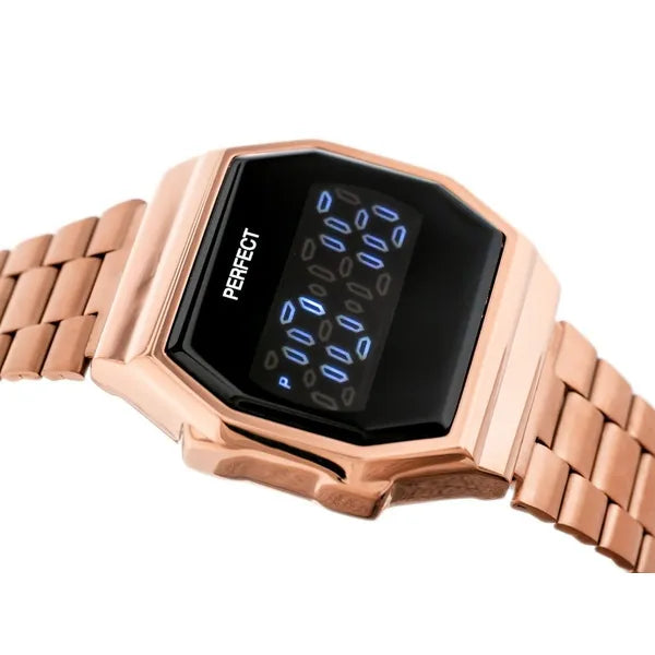 Női digitális LED karóra rozéarany fém szíjjal, 32×38 mm, 3 ATM