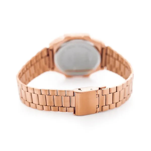 Női digitális LED karóra rozéarany fém szíjjal, 32×38 mm, 3 ATM
