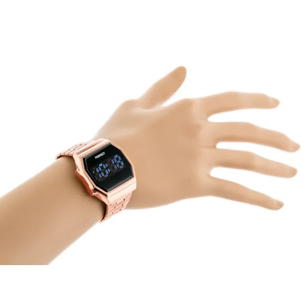 Női digitális LED karóra rozéarany fém szíjjal, 32×38 mm, 3 ATM