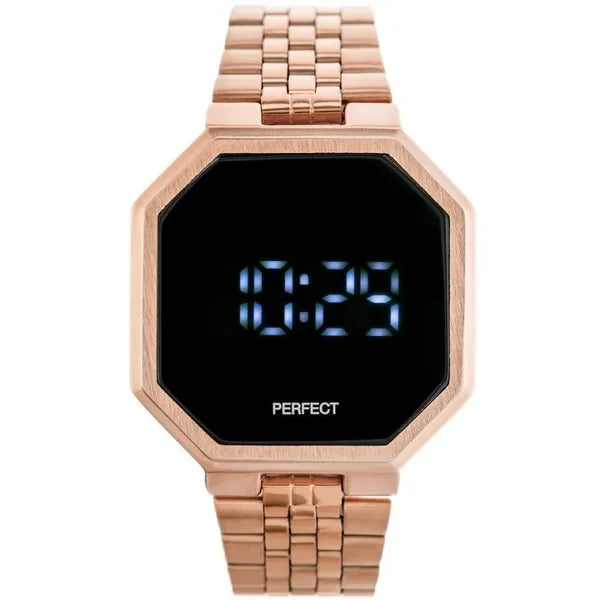 Férfi digitális LED óra, rozéarany fém szíj, 40×40 mm, WR30, dátum