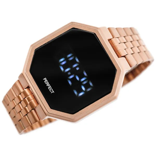 Férfi digitális LED óra, rozéarany fém szíj, 40×40 mm, WR30, dátum