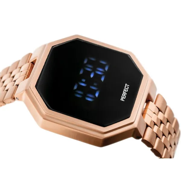 Férfi digitális LED óra, rozéarany fém szíj, 40×40 mm, WR30, dátum