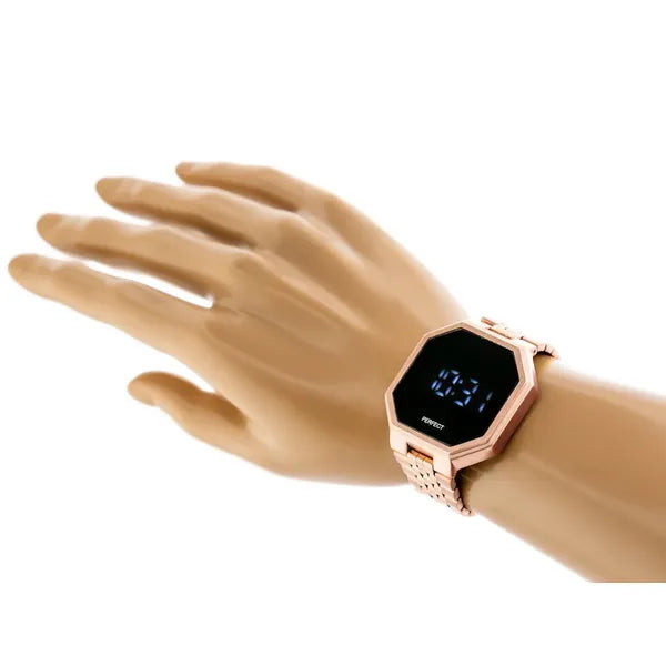 Férfi digitális LED óra, rozéarany fém szíj, 40×40 mm, WR30, dátum