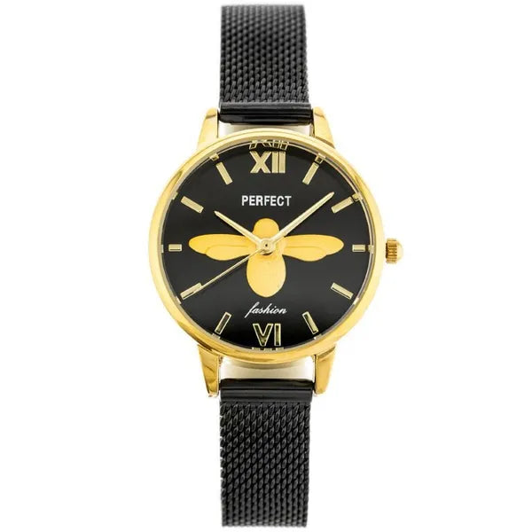 Női kvarc karóra 32 mm, fekete–arany, szitakötő, fém szíj, WR30 + doboz