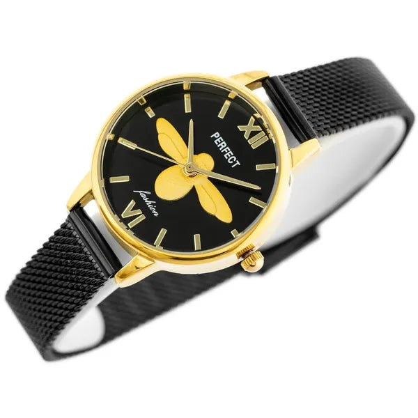 Női kvarc karóra 32 mm, fekete–arany, szitakötő, fém szíj, WR30 + doboz