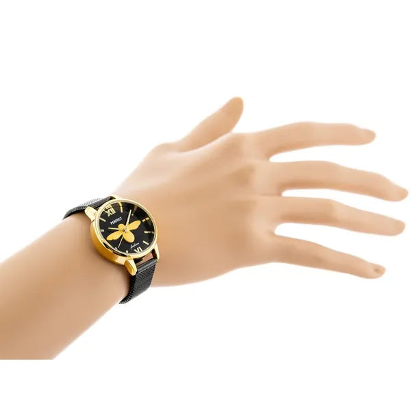 Női kvarc karóra 32 mm, fekete–arany, szitakötő, fém szíj, WR30 + doboz