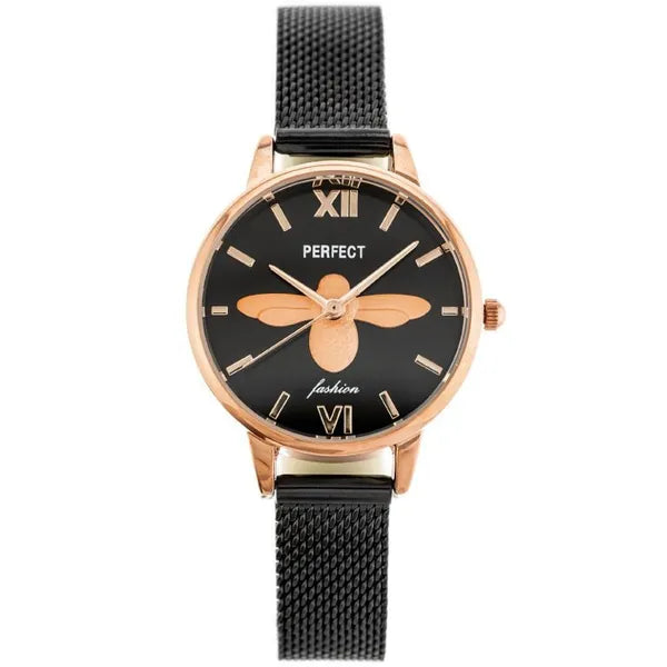 PERFECT S639 női kvarc karóra, rosegold-fekete, WR30, szitakötős