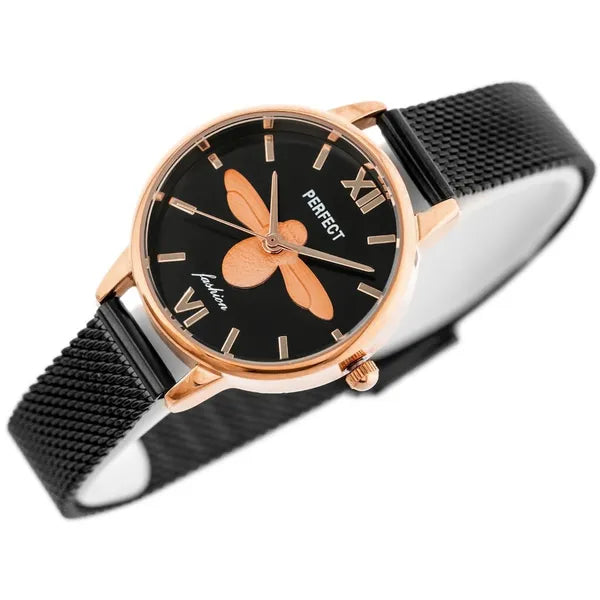 PERFECT S639 női kvarc karóra, rosegold-fekete, WR30, szitakötős