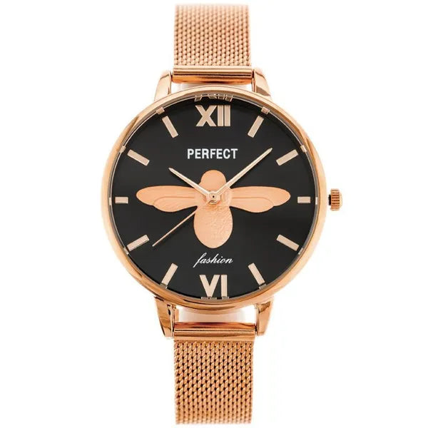 Perfect S638 női karóra, rózsaarany fém szíj, fekete számlap, kvarc, WR30, doboz