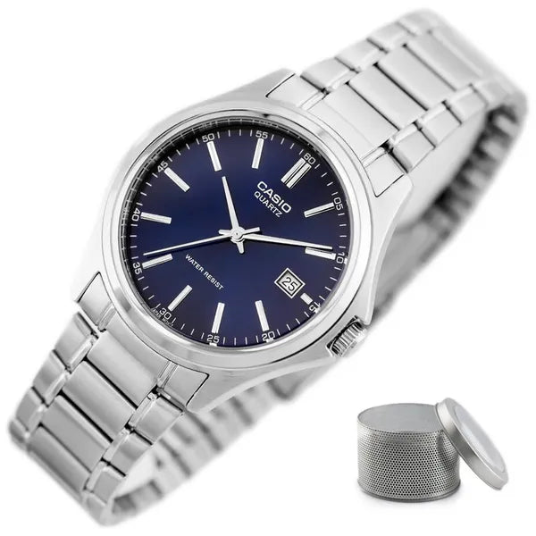 Casio MTP-1183A-2A férfi karóra, acél szíj, kék számlap, 39 mm, WR30, díszdoboz