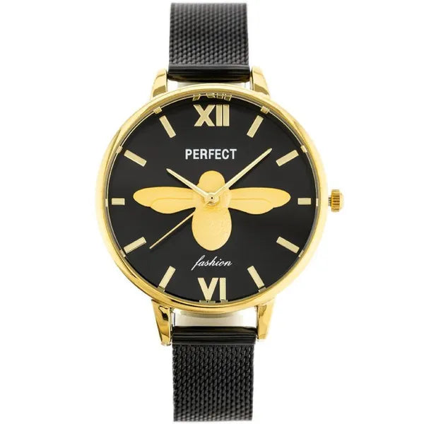 Perfect S638 női kvarc karóra, fekete számlap, arany tok, WR30, dobozzal