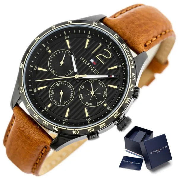 Tommy Hilfiger Gavin 1791470 férfi karóra, fekete tok, barna bőrszíj, WR50