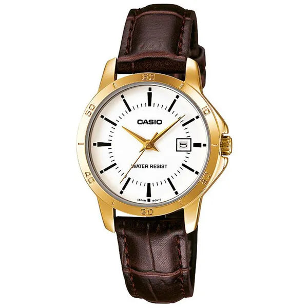 Casio LTP-V004GL-7A női kvarc karóra, arany tok, fehér számlap, bőr szíj