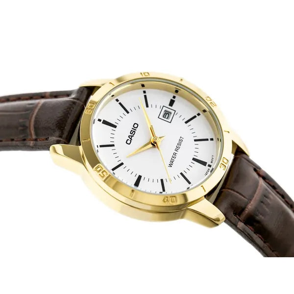 Casio LTP-V004GL-7A női kvarc karóra, arany tok, fehér számlap, bőr szíj