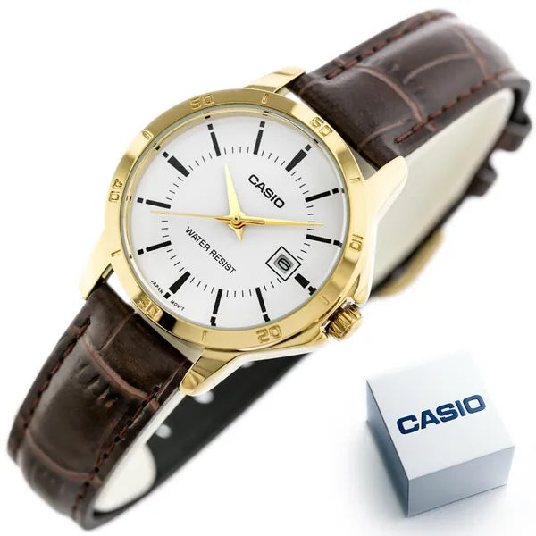 Casio LTP-V004GL-7A női kvarc karóra, arany tok, fehér számlap, bőr szíj