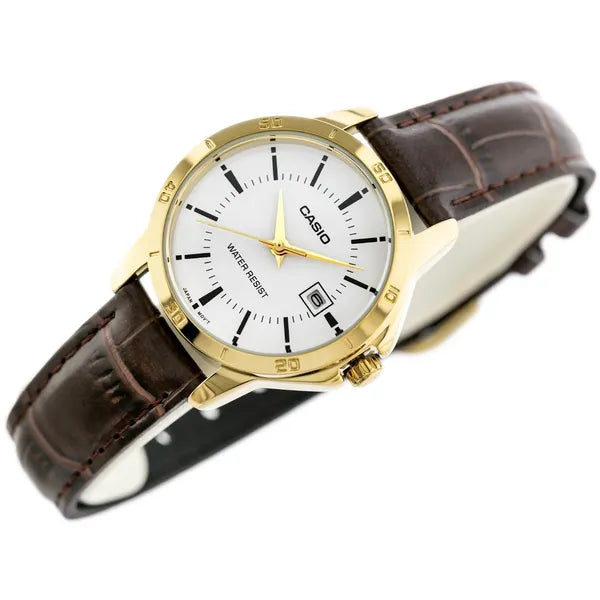 Casio LTP-V004GL-7A női kvarc karóra, arany tok, fehér számlap, bőr szíj