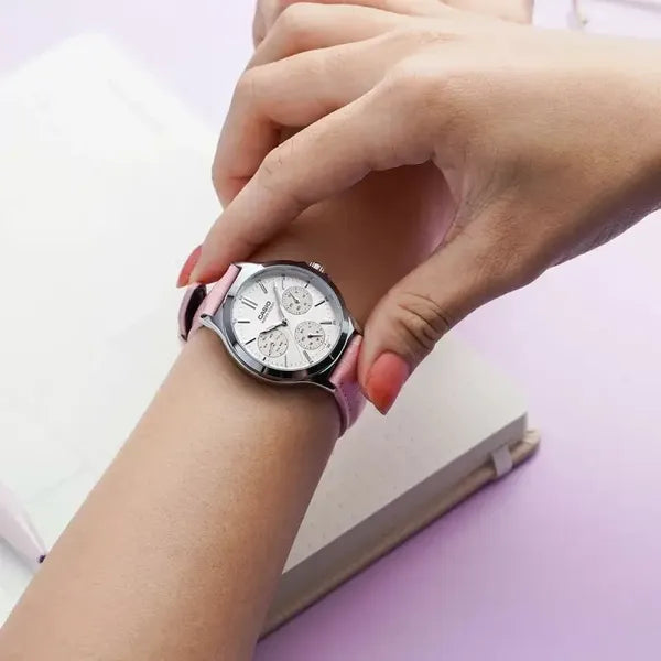 Casio LTP-V300L-4A női analóg karóra, rózsaszín bőr szíj, 32 mm, WR30, kvarc