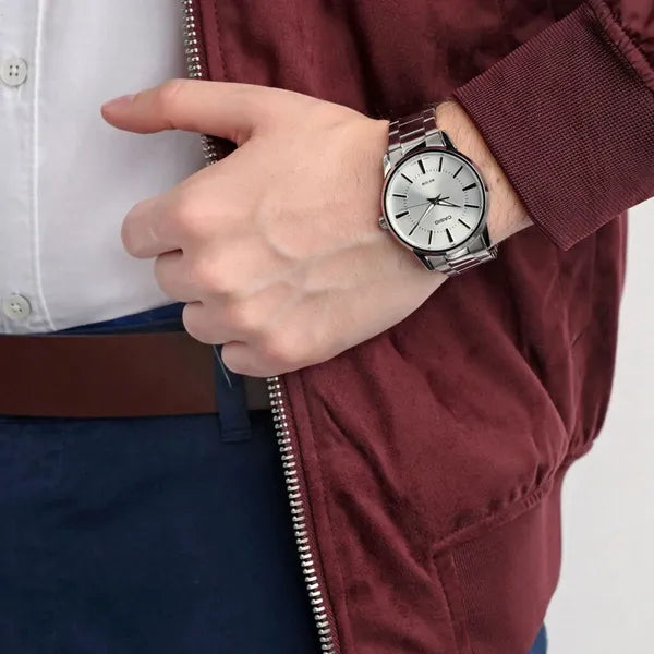 Casio férfi karóra MTP-1303D-7AV, 40 mm, acél szíj, WR50, ezüst, díszdobozzal