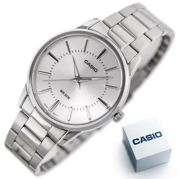 Casio férfi karóra MTP-1303D-7AV, 40 mm, acél szíj, WR50, ezüst, díszdobozzal
