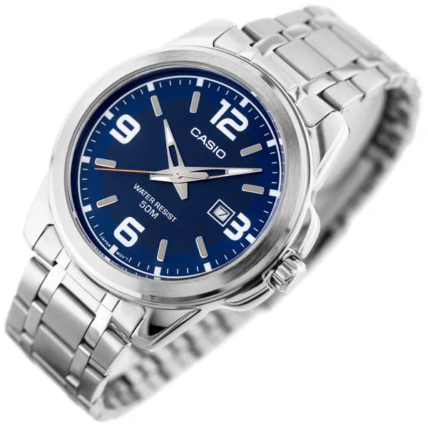 Casio MTP-1314D-2AV férfi karóra, acél szíj, 43 mm, kék számlap, WR50