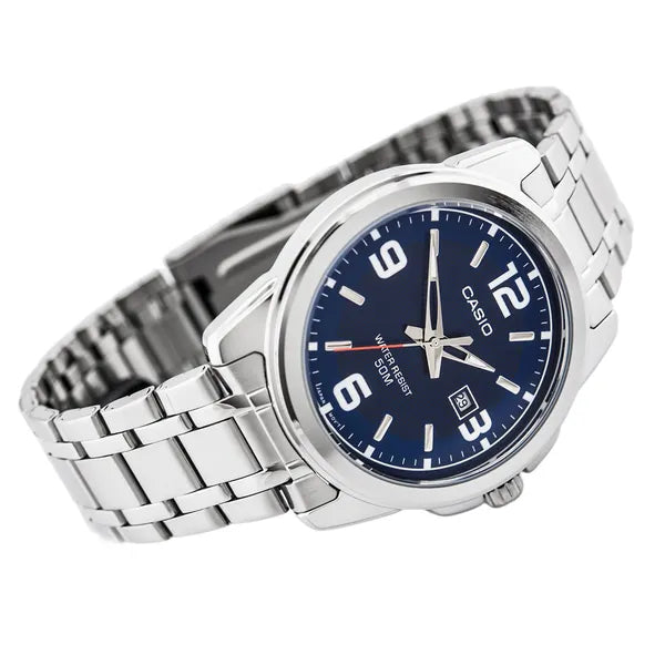 Casio MTP-1314D-2AV férfi karóra, acél szíj, 43 mm, kék számlap, WR50
