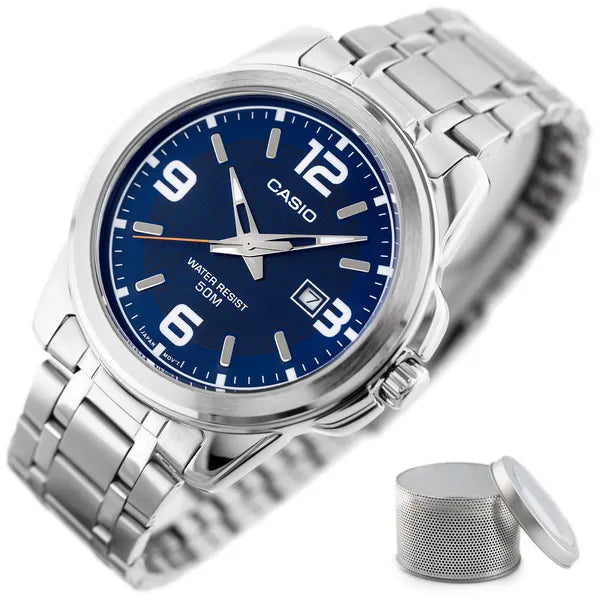 Casio MTP-1314D-2AV férfi karóra, acél szíj, 43 mm, kék számlap, WR50