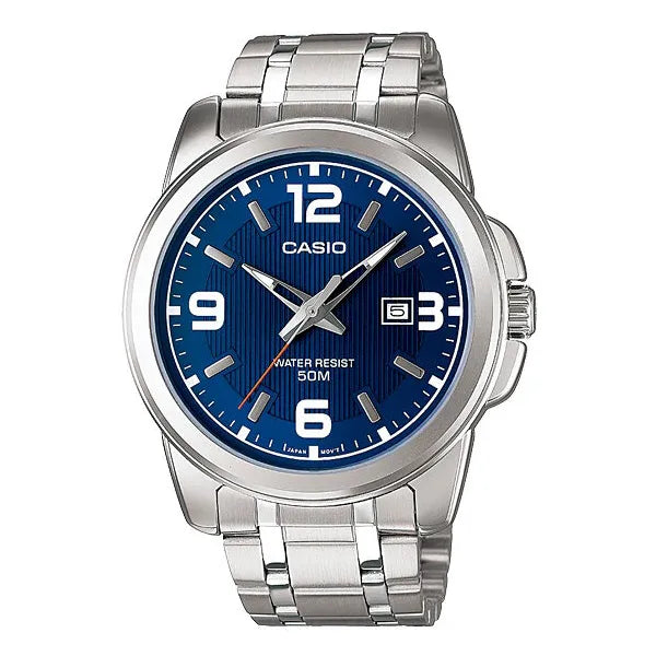 Casio MTP-1314D-2AV férfi karóra, acél szíj, 43 mm, kék számlap, WR50