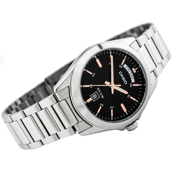 Casio MTP-1370D-1A2V férfi kvarc karóra, acél szíj, fekete számlap, WR50, 37 mm