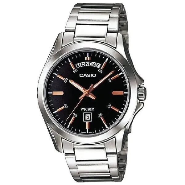 Casio MTP-1370D-1A2V férfi kvarc karóra, acél szíj, fekete számlap, WR50, 37 mm
