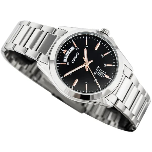 Casio MTP-1370D-1A2V férfi kvarc karóra, acél szíj, fekete számlap, WR50, 37 mm