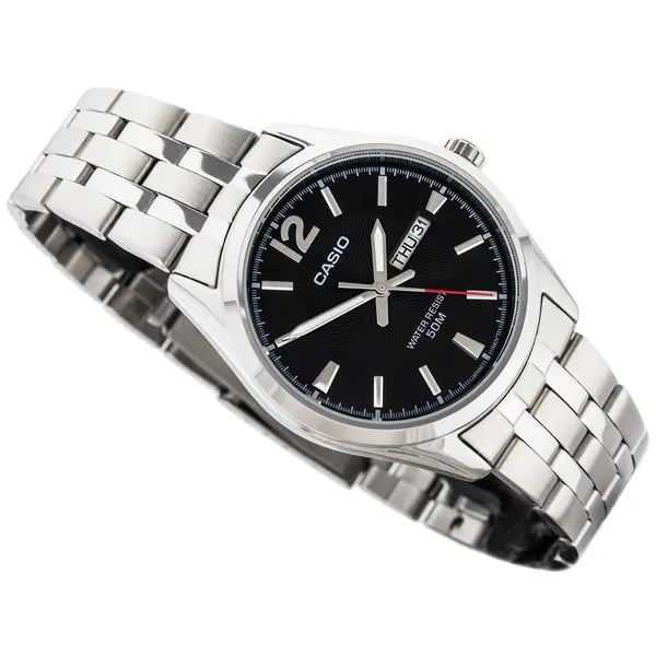 Casio MTP-1335D-1AV férfi karóra, acél szíj, fekete számlap, WR50, dátum