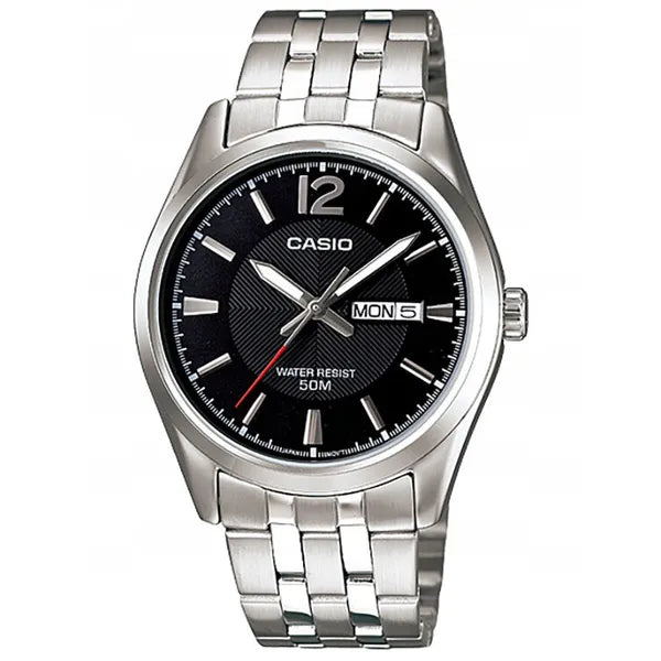 Casio MTP-1335D-1AV férfi karóra, acél szíj, fekete számlap, WR50, dátum