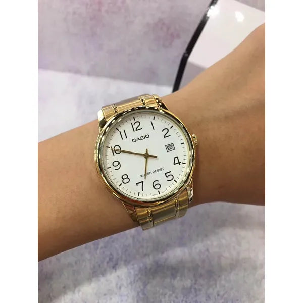Casio férfi karóra MTP-V002G-7B2UDF, arany acél, fehér számlap, 36 mm