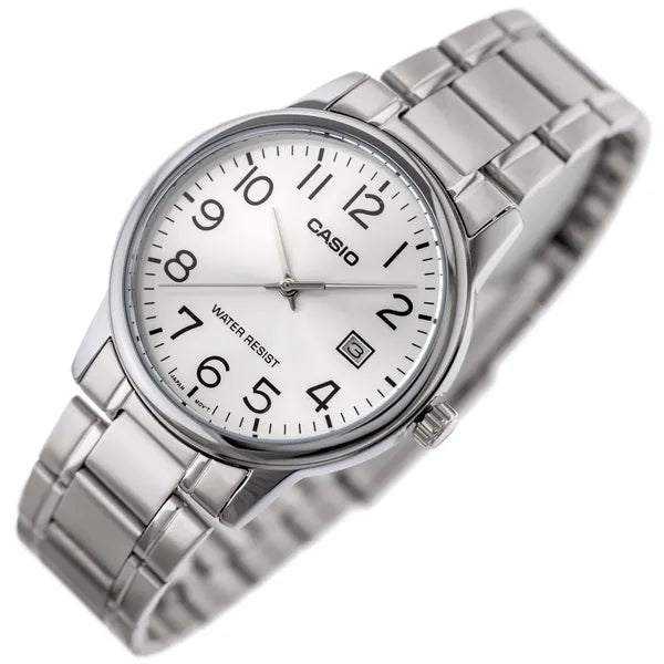 Casio MTP-V002D-7BUDF férfi karóra, acél szíj, ezüst, 36 mm, WR30, dátum