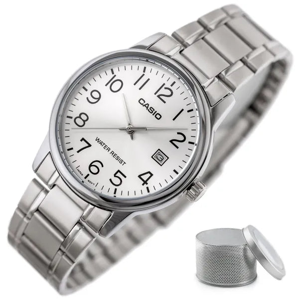 Casio MTP-V002D-7BUDF férfi karóra, acél szíj, ezüst, 36 mm, WR30, dátum