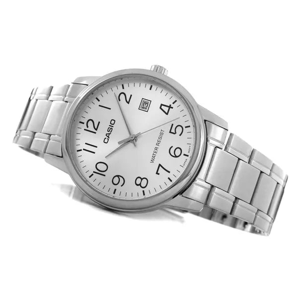 Casio MTP-V002D-7BUDF férfi karóra, acél szíj, ezüst, 36 mm, WR30, dátum