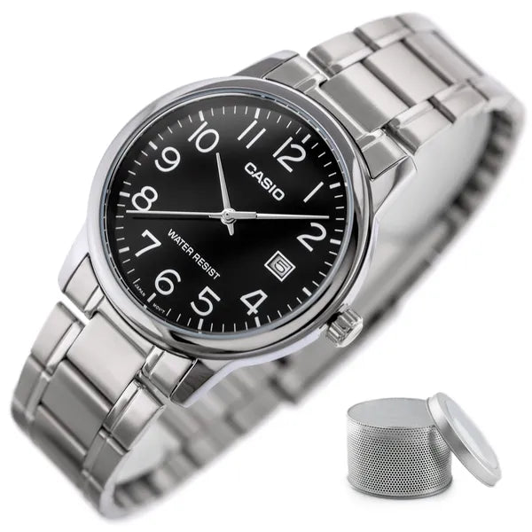 Casio férfi karóra MTP-V002D-1BUDF, fekete számlap, acél szíj, WR30, kvarc