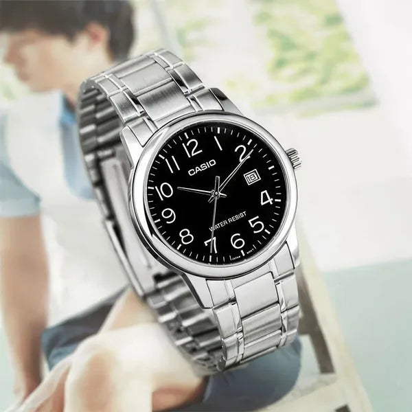 Casio férfi karóra MTP-V002D-1BUDF, fekete számlap, acél szíj, WR30, kvarc