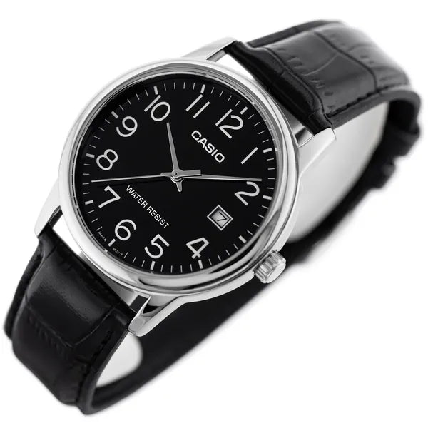 Casio MTP-V002L-1BUDF férfi kvarc karóra, fekete bőrszíj, 44 mm, WR30, dátum