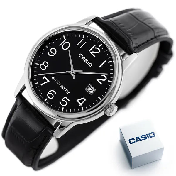 Casio MTP-V002L-1BUDF férfi kvarc karóra, fekete bőrszíj, 44 mm, WR30, dátum