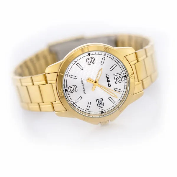 Casio MTP-V004G-7B2 férfi karóra, aranyszínű acél, ezüst számlap, 42 mm, WR30