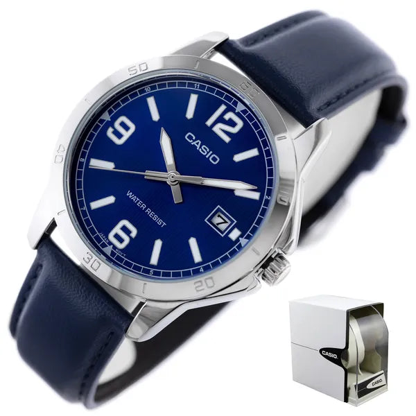 Casio férfi karóra MTP-V004L-2BUDF, kék bőrszíj, 42 mm, dátum, WR30