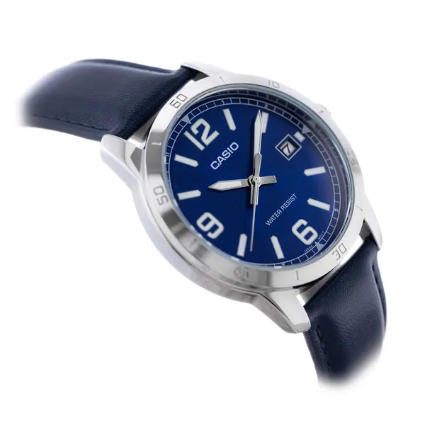 Casio férfi karóra MTP-V004L-2BUDF, kék bőrszíj, 42 mm, dátum, WR30