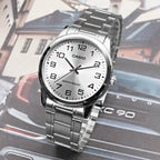 Casio MTP-V001D-7BUDF férfi karóra, ezüst, acél szíj, 38 mm, WR30 + díszdoboz