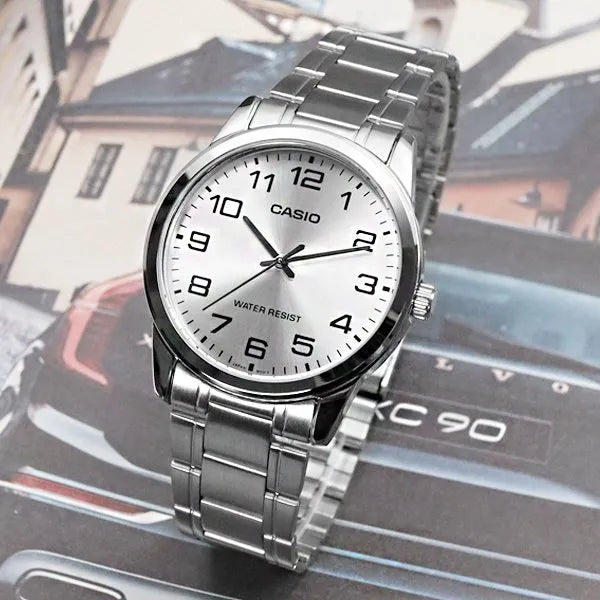 Casio MTP-V001D-7BUDF férfi karóra, ezüst, acél szíj, 38 mm, WR30 + díszdoboz
