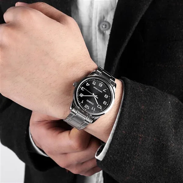 Casio MTP-V001D-1BUDF férfi óra, fekete számlap, acél szíj, 38 mm