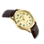 Casio férfi kvarc karóra 38 mm, arany számlap, barna bőrszíj, WR30 MTP-V001GL-9B