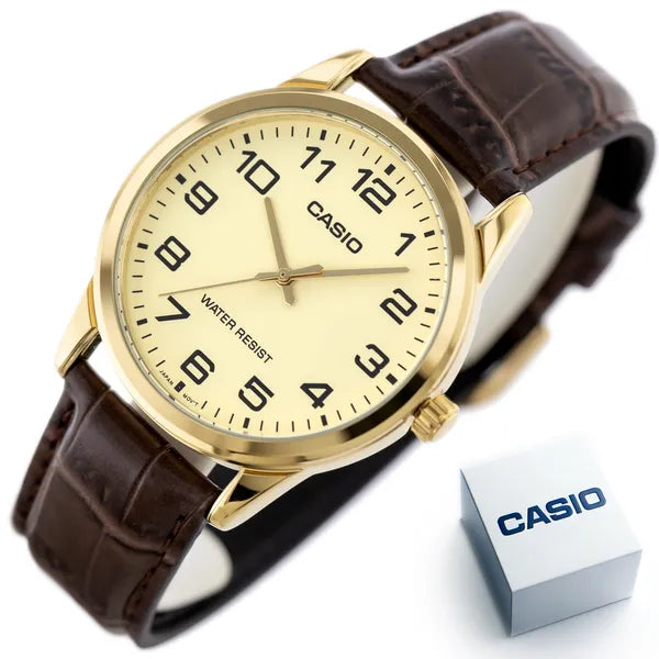 Casio férfi kvarc karóra 38 mm, arany számlap, barna bőrszíj, WR30 MTP-V001GL-9B